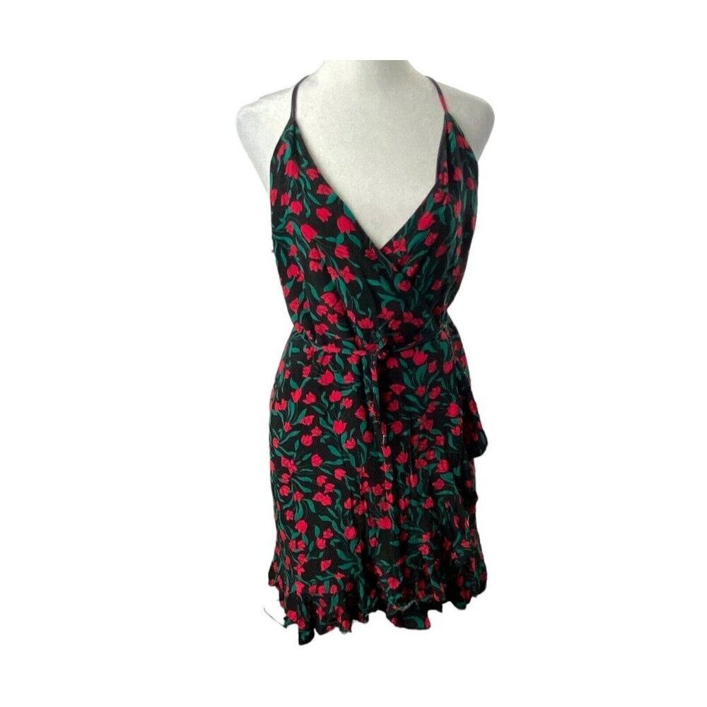 LOVERS + FRIENDS Women Rose Print Gigi Wrap Mini Dress Sz L Black Red 62-9